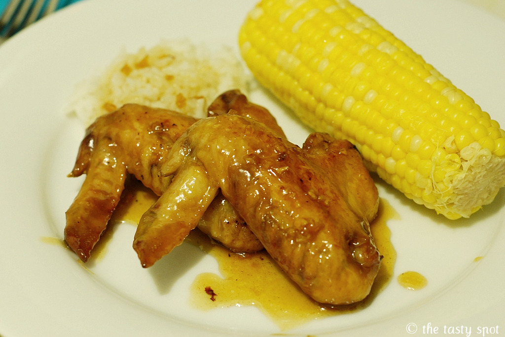 Honey garlic soy chicken wings with rice and corn