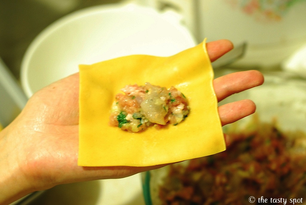 Place some filling in the center of the wrapper