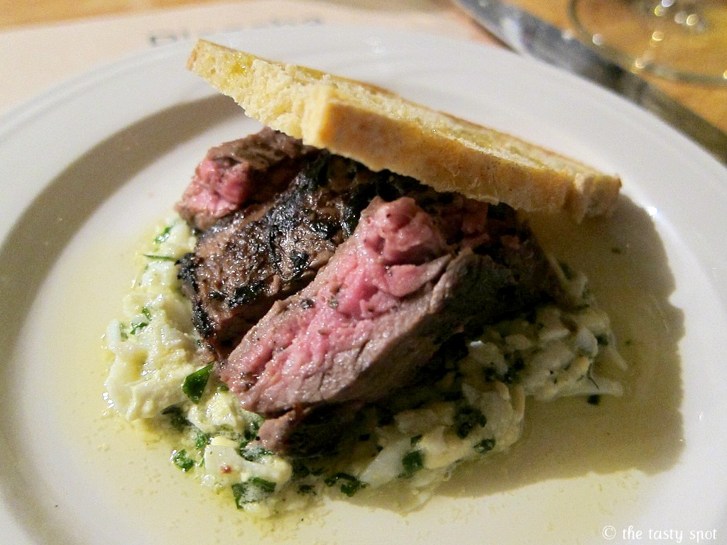 Skirt steak, duck egg gribiche, and wood oven bread
