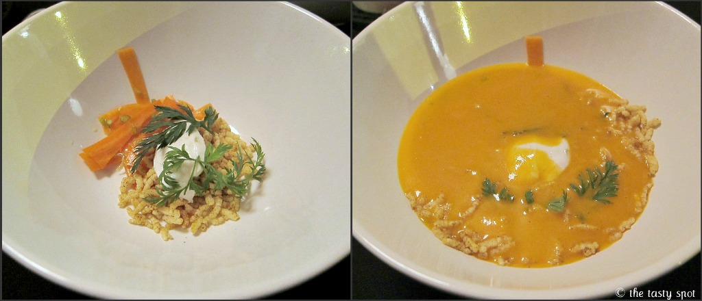 Carrot soup with curried rice puff, coconut creme fraiche, tangerines, and cilantro